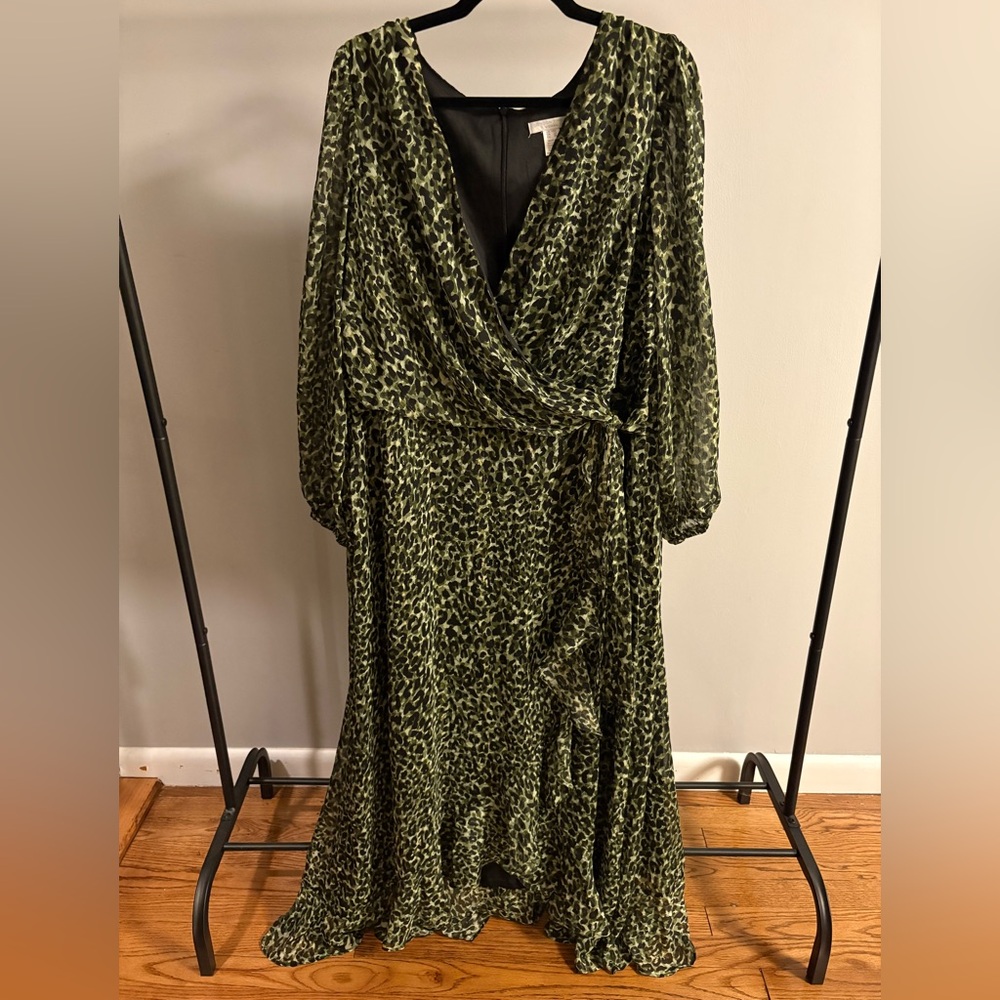 London Times Olive Green Animal Print Wrap Maxi Dress
